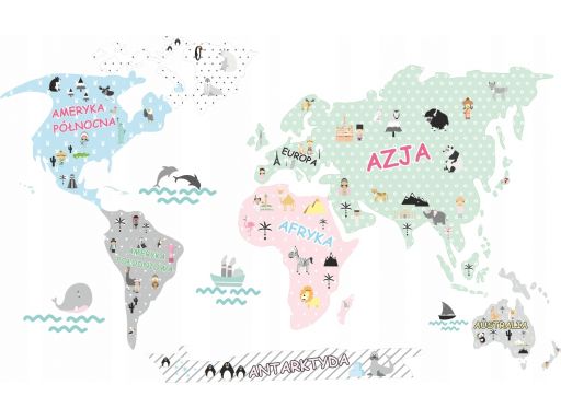 Mapa świata naklejki pastelowe zwierzęta 120x70cm